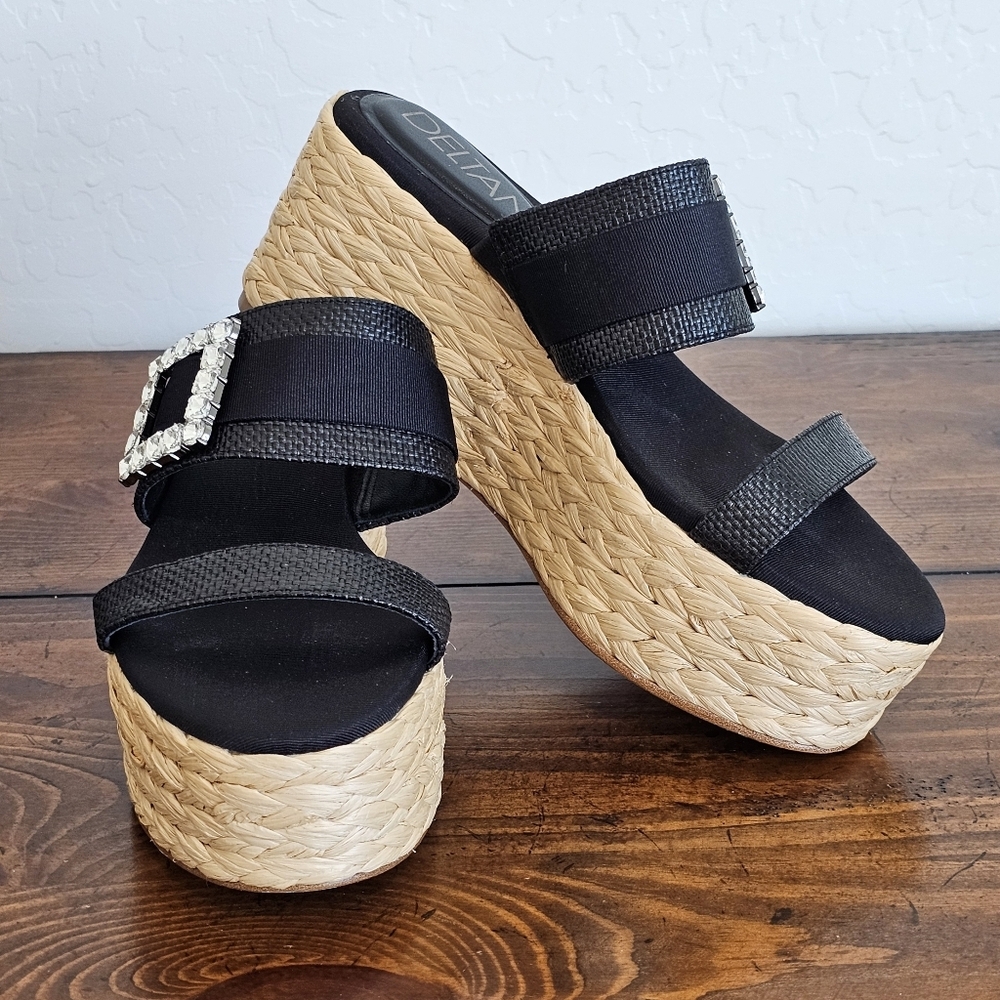 NWOB Deltan Black Wedge Sandals with Rhinestone Buckle Women's Size 8 & 9